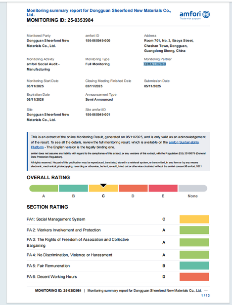 Κίνα Dongguan Sheerfond New Materials Co., Ltd. Πιστοποιήσεις